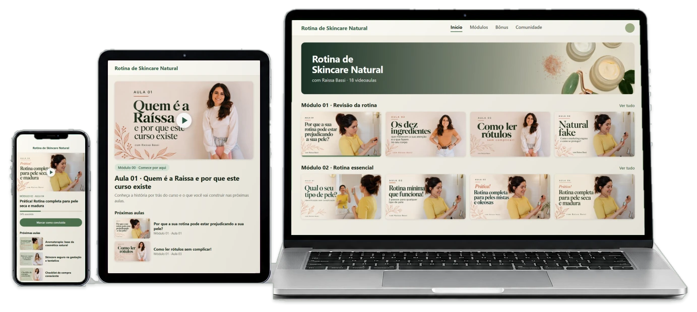 Área de membros do curso Rotina de Skincare Natural no notebook, no tablet e no celular